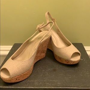 Tahari Beige Linen platform sandals